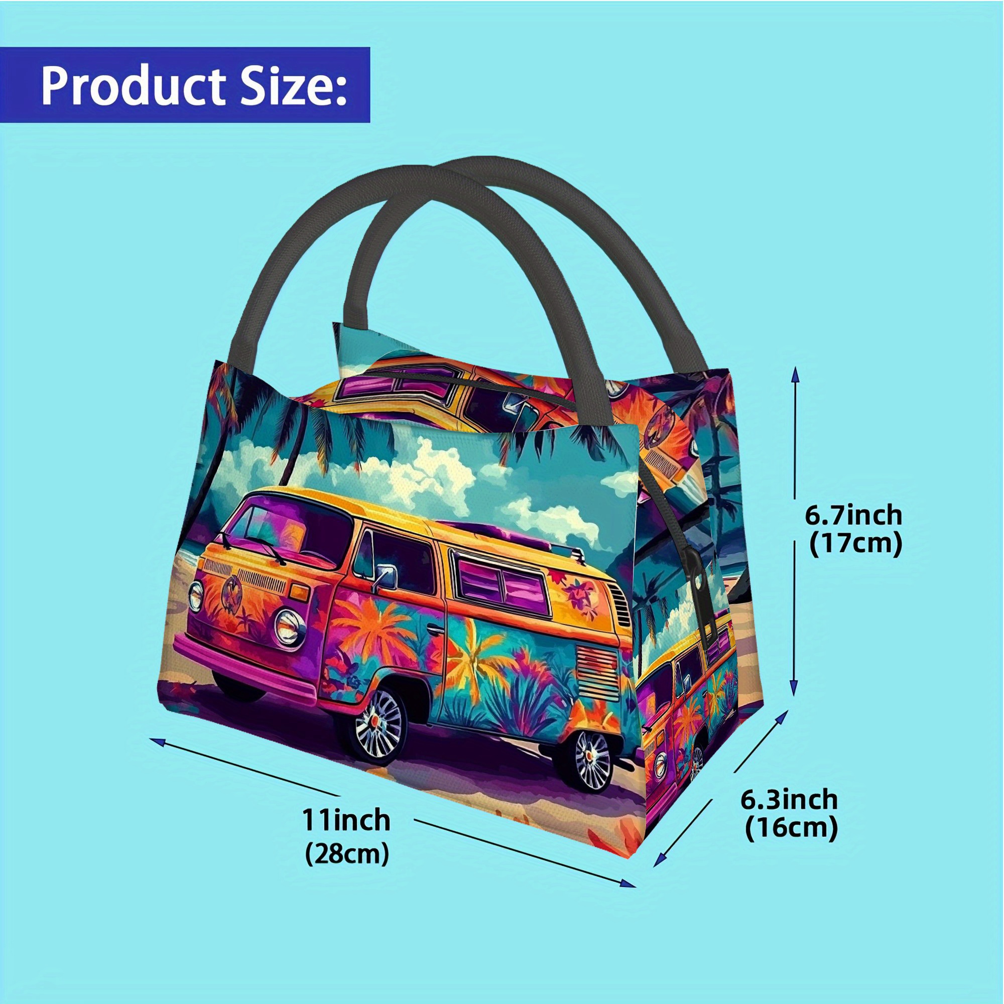 TEMU 1pc Sac isotherme - Design de van vif avec des palmiers et des tournesols, polyester durable, contact alimentaire, portable , , la plage et