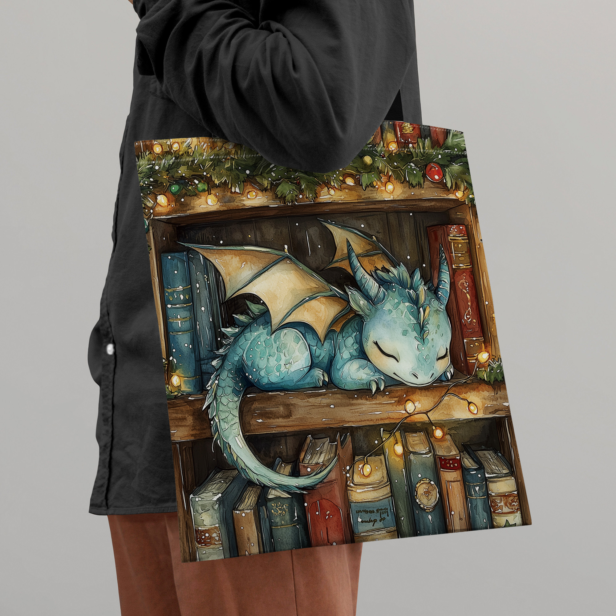 

1pc Christmas , A Sleeping On Print Canvas Tote Bag, Shopping, Best For Christmas