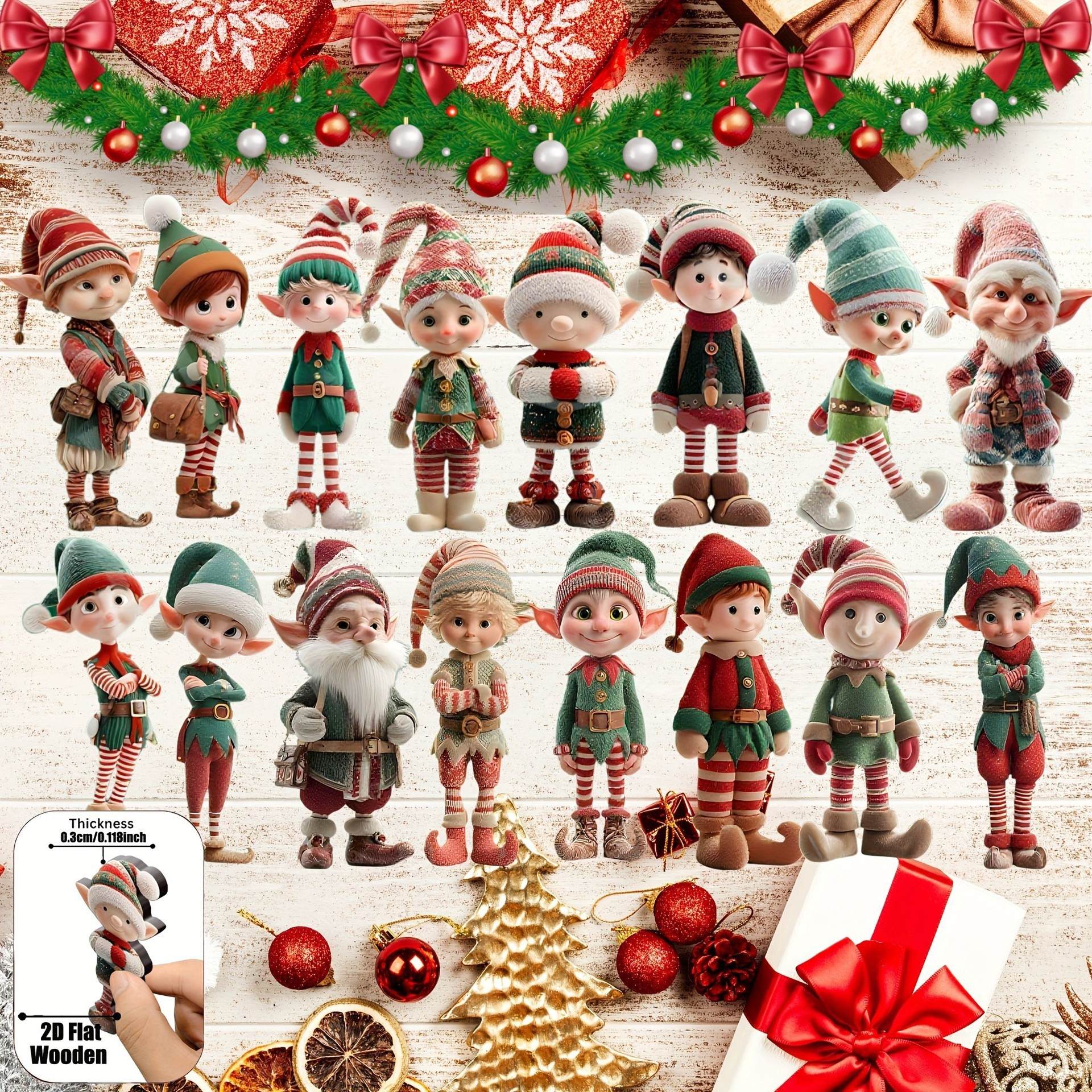 TEMU 2d Flat - 16pcs 2d Wooden Christmas Elf Ornaments Set - Christmas Tree Hanging Decorations With , Pointed Hats, Red And Green Color Scheme,