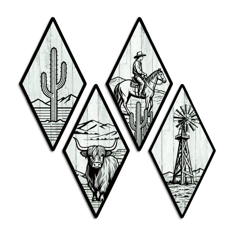 TEMU Décoration murale en bois 2D plate sur le thème de l', ensemble de 4 panneaux en bois de diamant avec de cactus, cowboy, vache écossaise et à