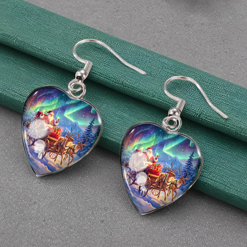 TEMU A Pair Of Heart-shaped Earrings Featuring Glass Ornaments Of Santa Claus In A Sleigh With , Without Battery