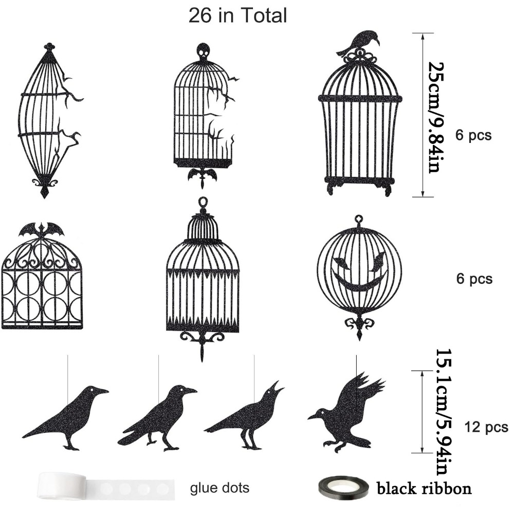 TEMU 26pcs Cage Party Garland Halloween Glitter Decorations Hanging Bird Banners For Gothic Halloween Backdrop Centerpiece Wall Cutouts For Horror