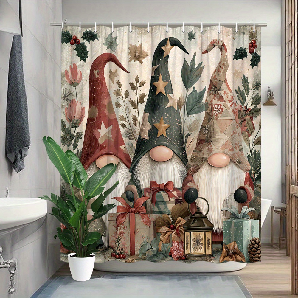TEMU 1 rideau de douche Noël Gnomes avec chapeaux , de houx, boîtes cadeaux, lanternes, décoration rustique hiver , inclut 12 crochets, 70,8x70,8