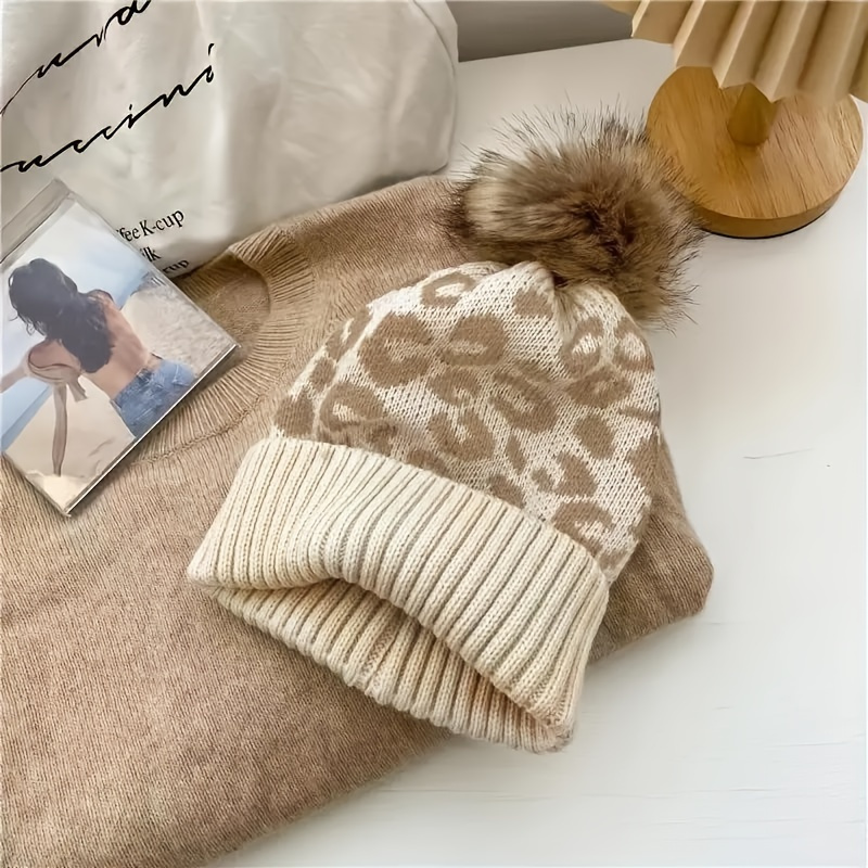 Stylish Cap With Leopard Print And Pom-pom For Women, Made From . An For Christmas And Casual