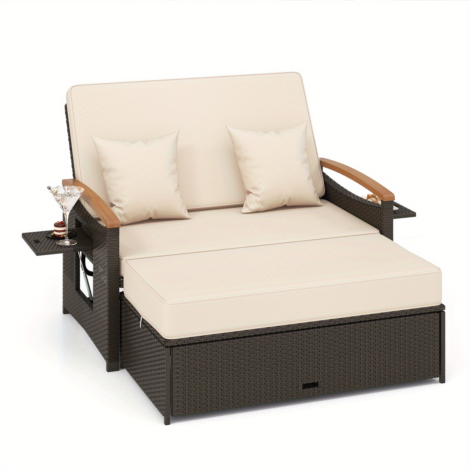 TEMU Ensemble de chaise longue d'extérieur en rotin MULTIGOT avec causeuse rembourrée et pouf de rangement en beige pour patio