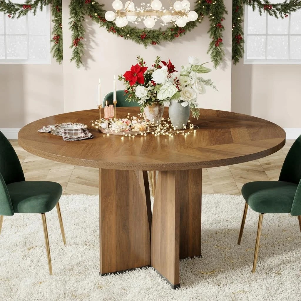 39.37 Inch Brown Round Dining Table For 4, Farmhouse Wood Kitchen Table For Dining Room Living Room Holiday Gathering (only Table 1pc)