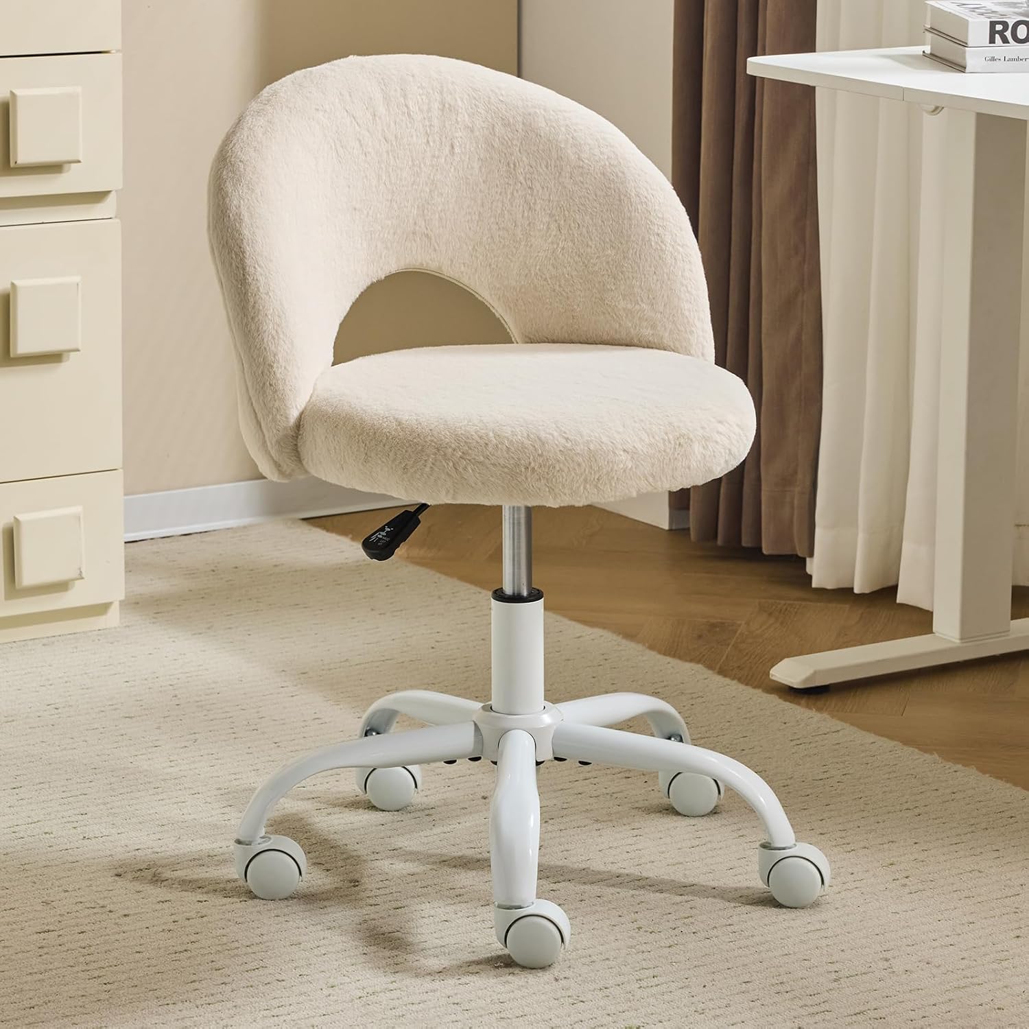 Bonnlo For Home Office Chair, Desk Chair, Vanity Chair, Armless Swivel Office Chair With Wheels, Height Adjustable, Ideal For Home Office And Makeup Room, Faux Rabbit Fur Surface, Blue