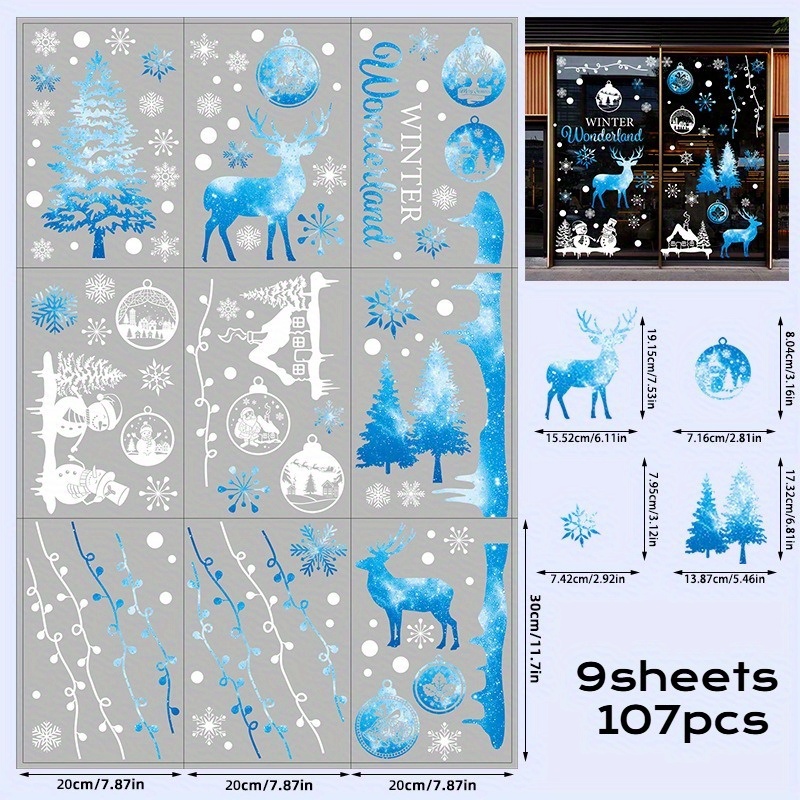 107pcs Of Festive Window Clings Featuring Deer And Snowflakes, Perfect For Decorating Your Windows During The Christmas Season. Blue Removable Decals Are Ideal For Holiday Parties