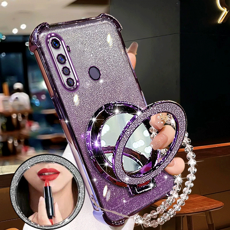 TEMU Чохол для телефону - Чохол для Realme 5, 5I, 5S, 6I, C3 та 5 Pro з блискучим дизайном у чотирьох кутах та тримачем для дзеркала для макіяжу,