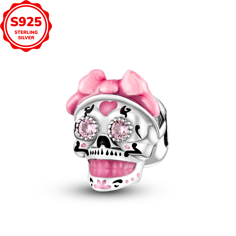 925 Sterling Silver Pink Skull Bead Charm Pendant