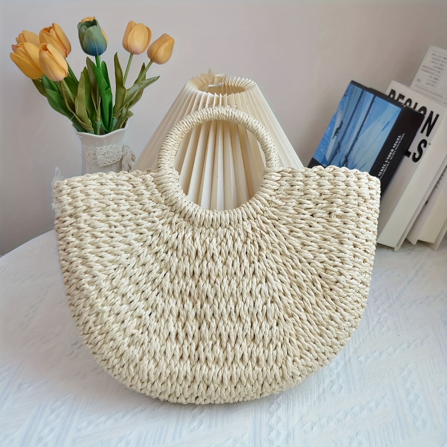 TEMU Bohemian Straw Tote Bag, Women's Beach Bag, Large And Small Sizes, Khaki, Beige, 2 Colors , Suitable For Travel, Work, Commuting, Shopping,