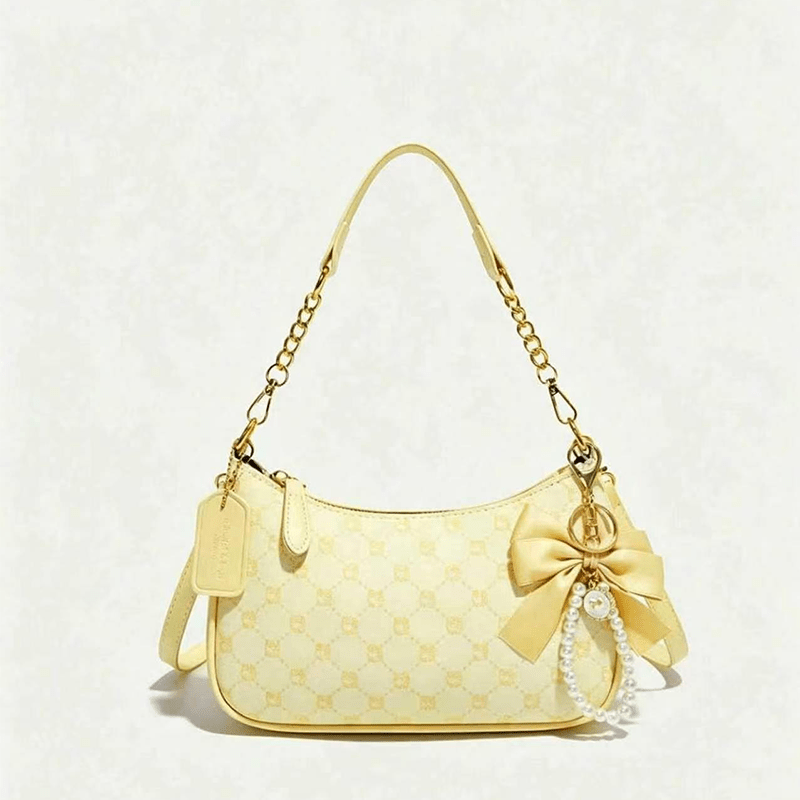 TEMU Klein Women' Shoulder Bag, Women's Cream Yellow Shoulder Bag, Cute Satin Bow Pearl Pendant Handbag, Detachable Thin Strap Crossbody Mini Bag,