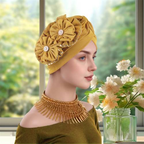womens turban hat elegant floral knotted head scarf with sparkling embellishments lightweight elastic for weddings parties formal events stylish head protection elegant hair accessory decorative headwrap hair scarf