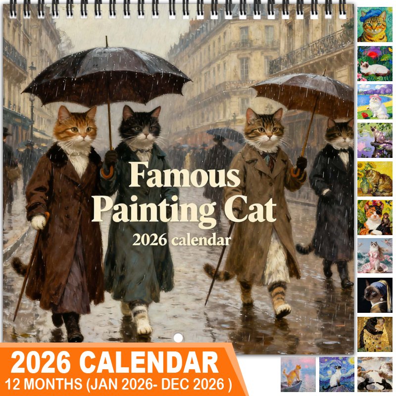 TEMU 2026 Wall Calendar With 12 Monthly Pages, Ideal For Home Or Office, Great For Christmas And New Year Presents, Adorable And Humorous Aesthetic, Featuring Famous Cat Paintings