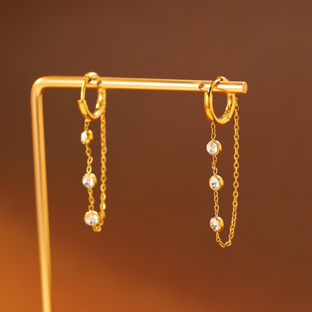 TEMU 1 Pair Steel Double Chain Ear Hooks With 3pcs Synthetic Zirconia Long Chain Tassel Earrings Light Luxury Temperament Women' Earrings