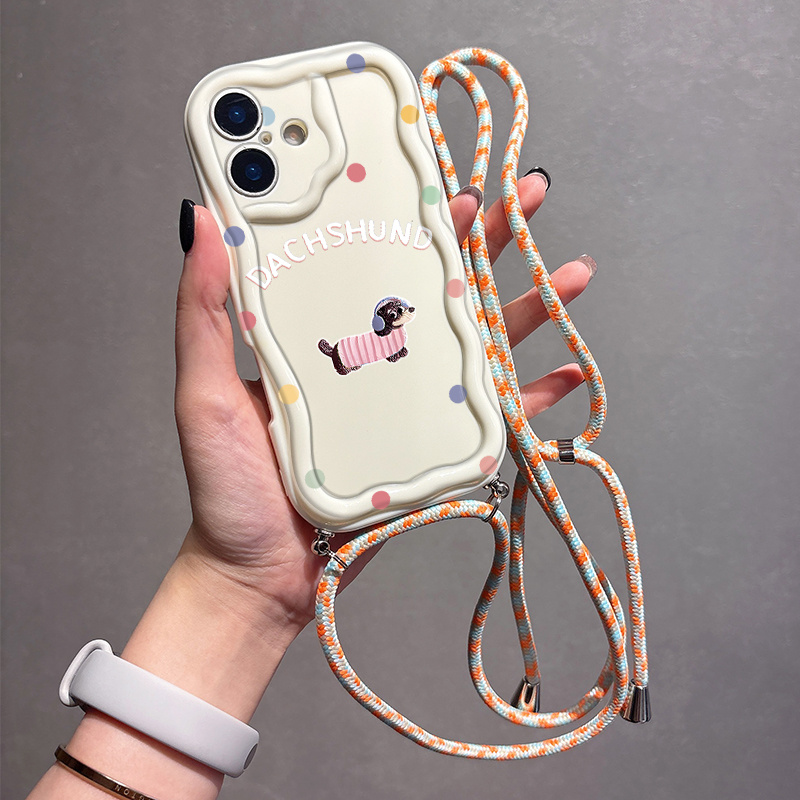 TEMU New Popular Cream Texture Phone Case With Adjustable Neck Strap Hanging Rope Dachshund & Colorful Polka Dots Pattern Phone Case For Iphone 16 15
