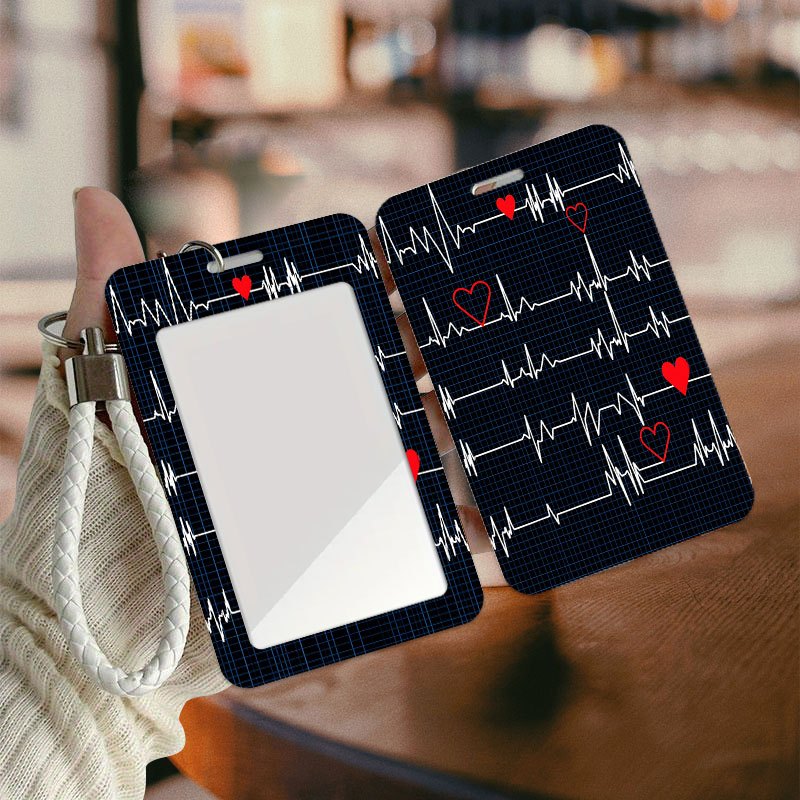 TEMU Ecg Line Black Heart Pattern And Heartbeat Wave Printed Pattern Id With Handheld Short Rope, Badge Clip, Plastic Name Card Case, Suitable For