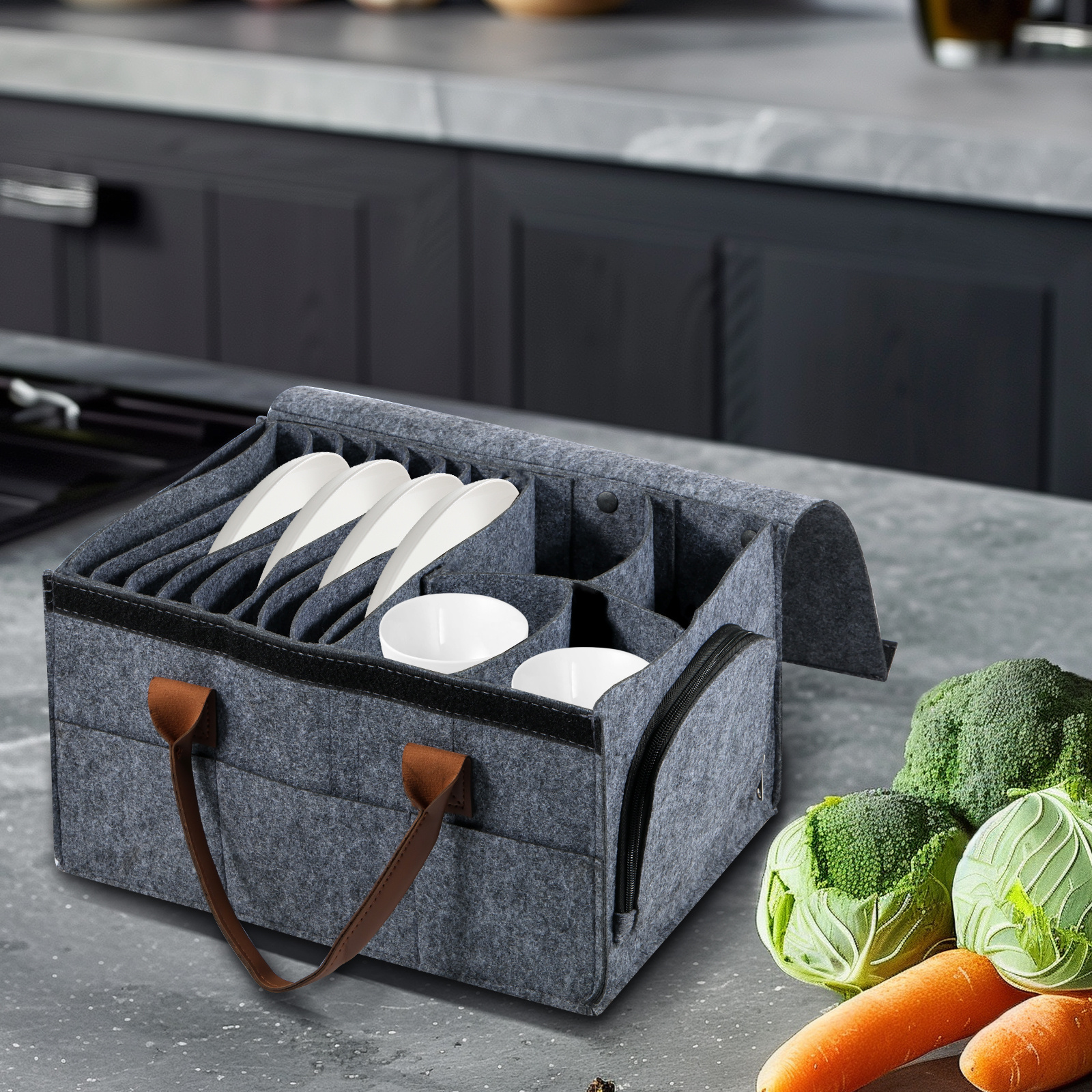 foldable and stackable large storage container with removable divider dustproof organizer for plates bowls cups and glassware ideal for home and camping dish storage container