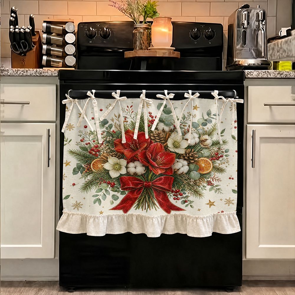 2d Flat - 2d Flat - 2d Christmas, Kitchen Decor, Multifunctional Oven Protective Curtain, Festive Red Poinsettia And…: retailer-supplied image