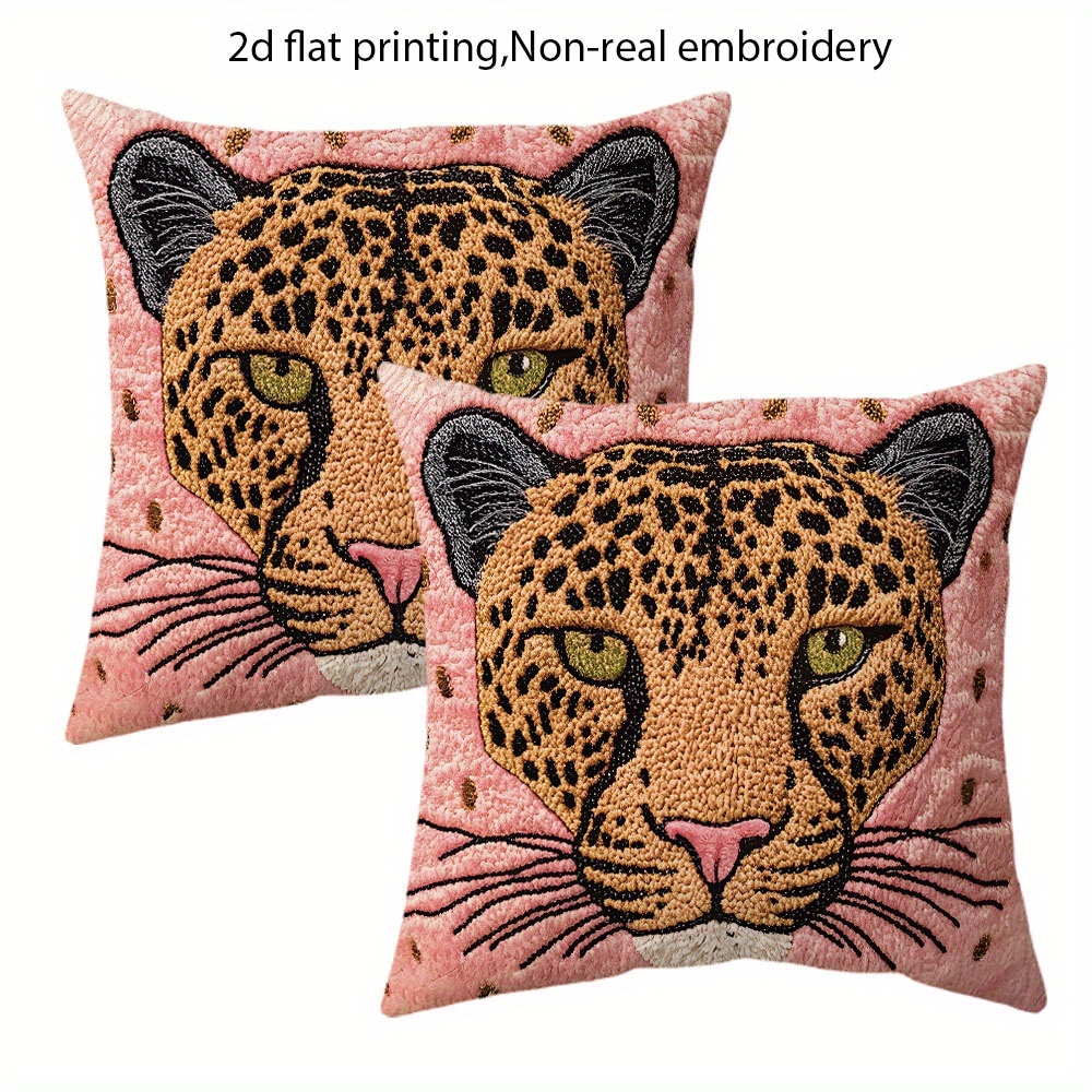 TEMU 2d Flat - 2 Bohemian Style Pink Leopard Print Pillow Covers, Short-haired 2d Flat Design, No Real Embroidery, Zipper, Polyester, Suitable For