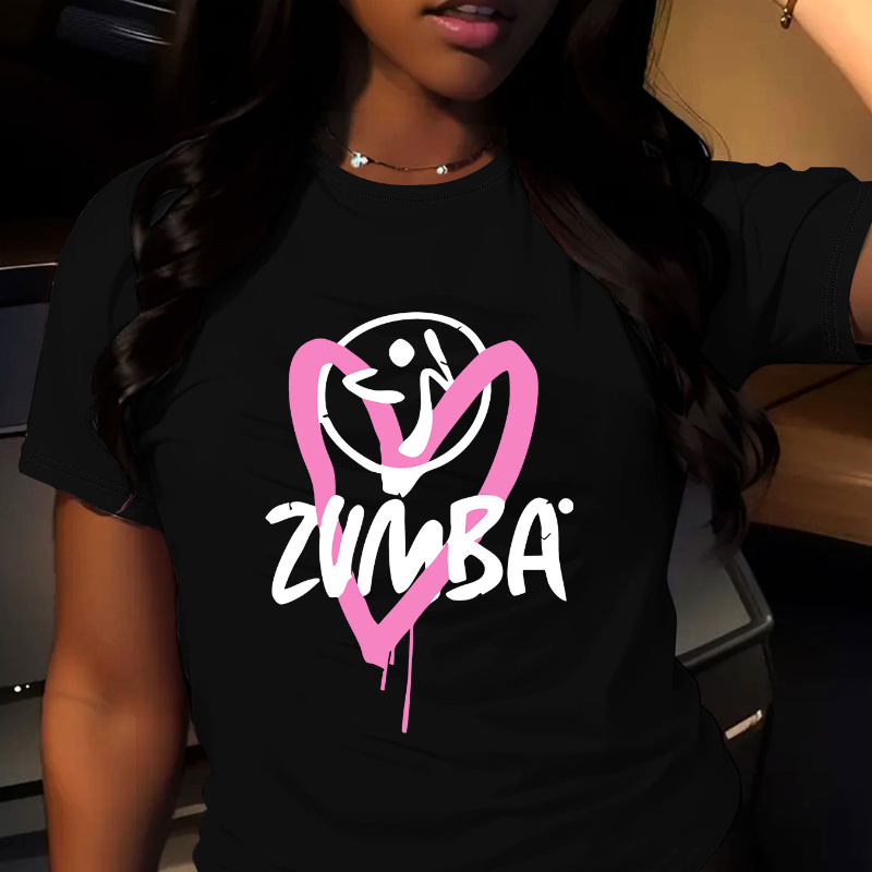 

Home Relaxation] Women's Zumba Graphic Casual T-shirt - Short Sleeve, Crew Neck, Black With Pink & , Lightweight Polyester, Machine Washable, Fit