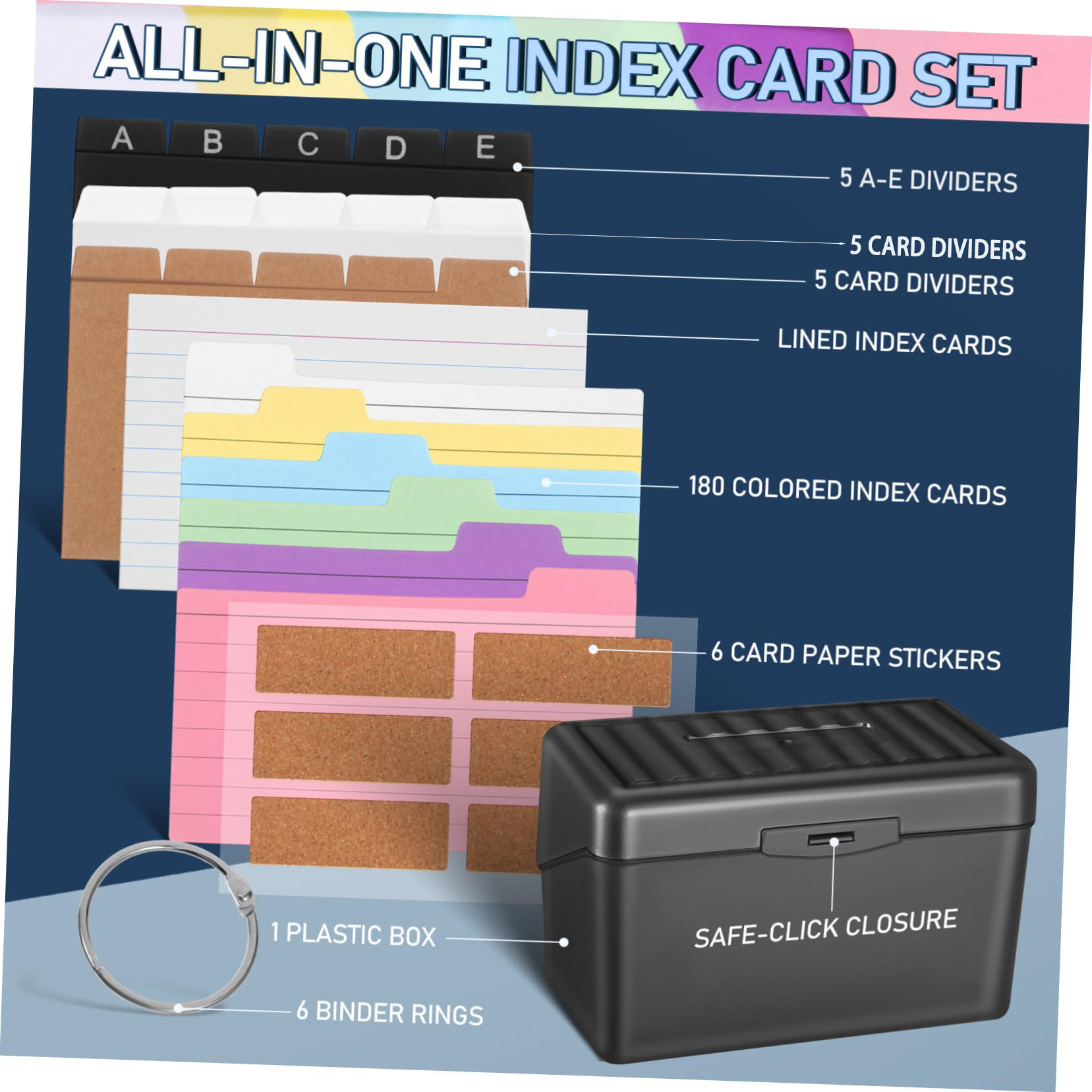 E-shop Karteihalter-Set, Indexbox mit 230 verschiedenen Flashcards, 15 Kartenunterteilen, 6 Ringen und Aufklebern – für Schule & Büro