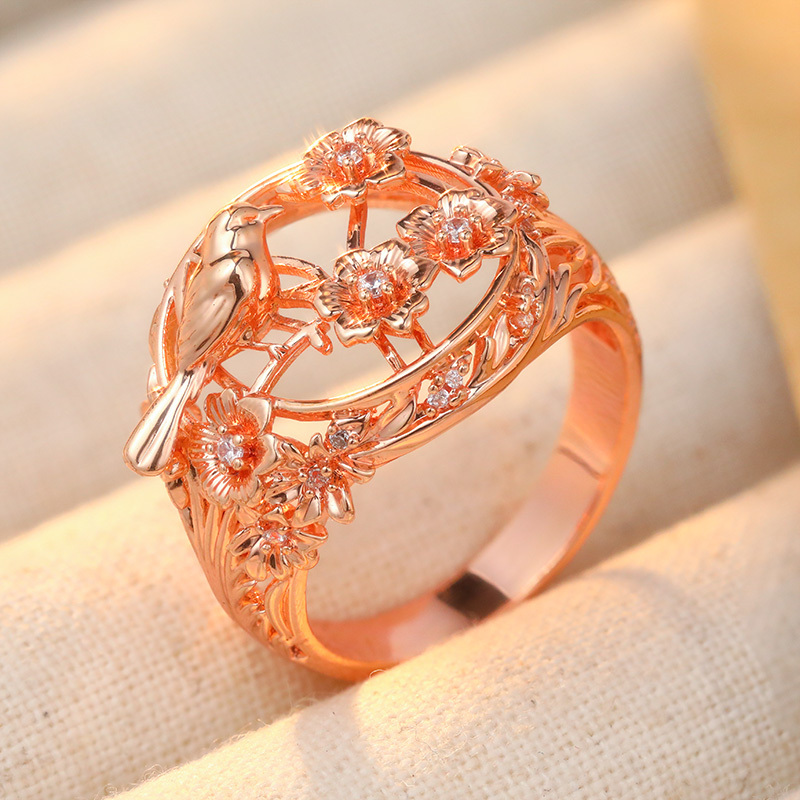 Women's Elegant Flower & Bird Pattern Carved Ring, Handmade Copper