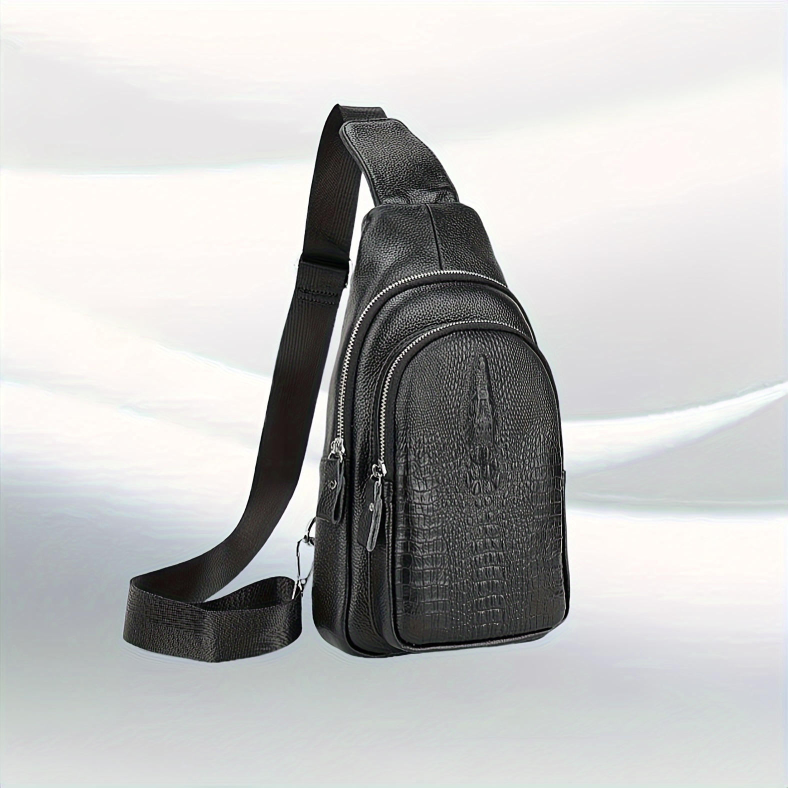 [Men's Chest Bag] Lightweight, Durable Men's Chest Bag | Stylish Crocodile Pattern with Earphone Hole | Black Animal Print Design, Polyester Lining, Hand Wash or Dry Clean for Outdoor Travel, Casual Outings, and Daily Use