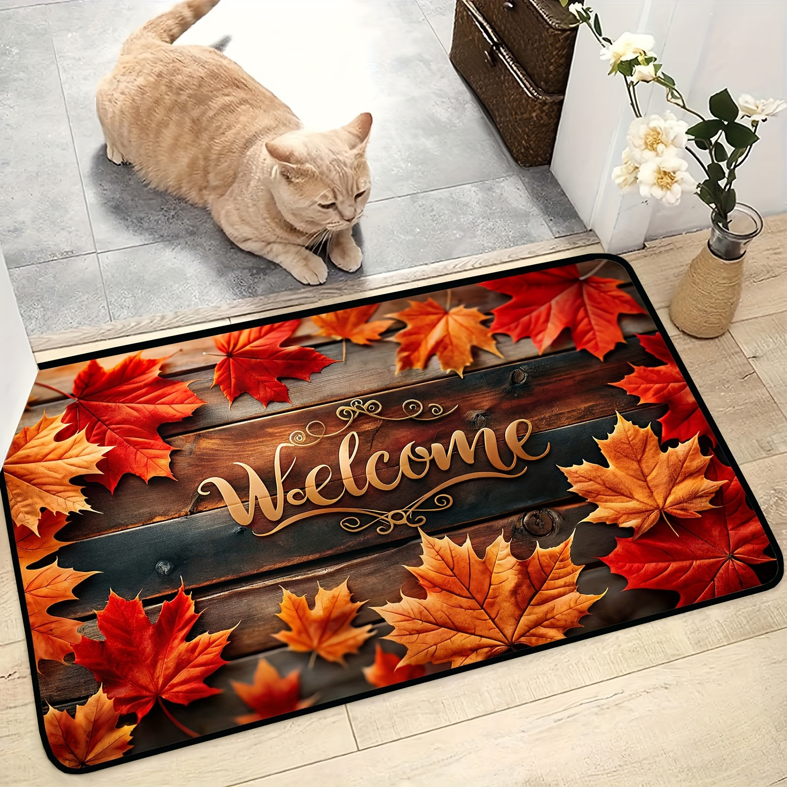Image of Autumn Welcome Doormat - 1pc Non-slip, Polyester Velvet, Living Room, Bedroom, Bathroom, Kitchen And Laundry - Durable, Fade Resistant Entry Rug