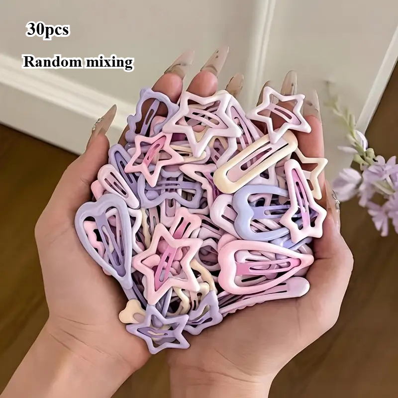 30pcs Random Mix Of Cherry Pink Heart, Star, Bow, And Hair Clips And Accessories