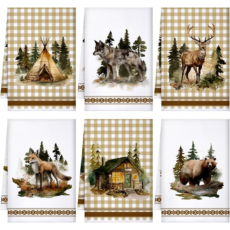 

6pcs 18*26inch Towels Farmhouse Cottage Hand Towels Decorative Wolf Bear Elk Fox Design Hand Towels Suitable For Home Kitchen Bathroom Decoration ()