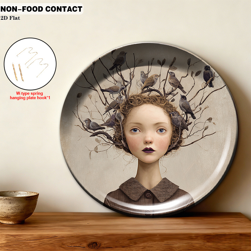 TEMU 1pc Forjn Ceramic Decorative Plate With Birds In Curly - Round Suitable For For Wall Or Tabletop Decor, Non-food Contact, Living Room, Bedroom,