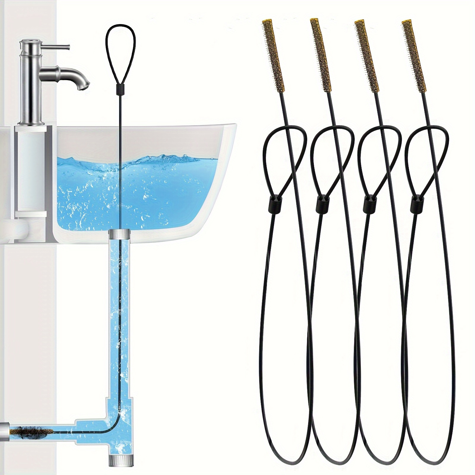 TEMU 4pcs 30-inch Flexible Drain - Durable Steel With Nylon Coating, Manual Hand-operated Hair Clog Remover Tool For Shower & Kitchen Sink Drain