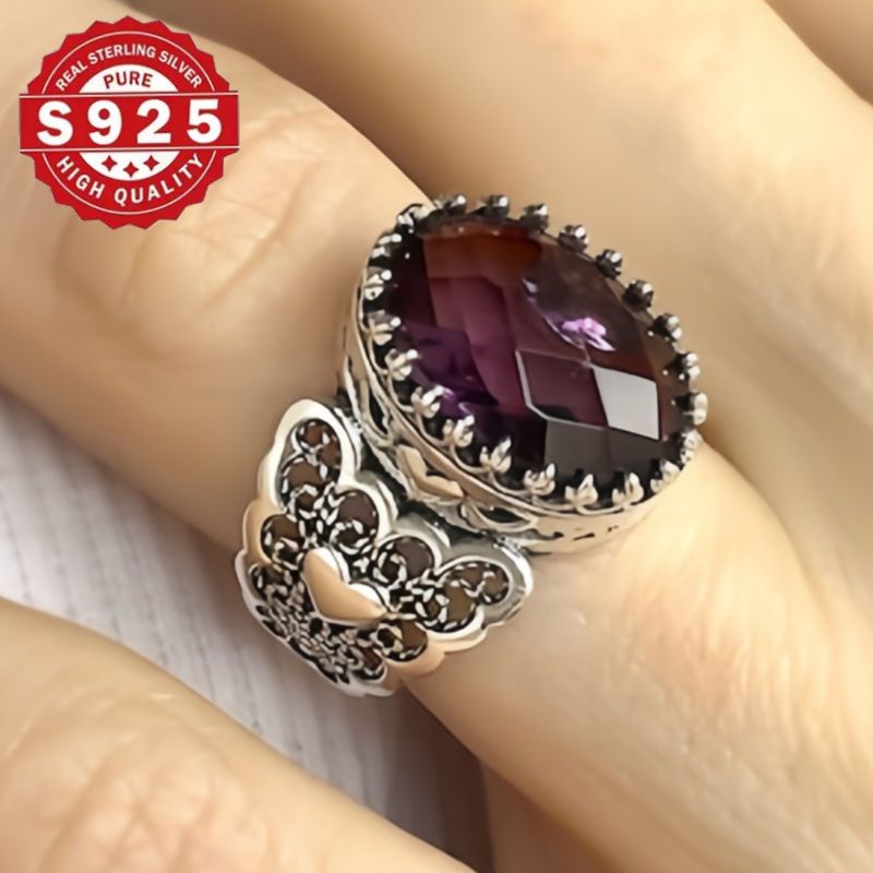 handcrafted 925 sterling silvery cocktail ring with amethyst gemstone vintage boho   for weddings parties details 6