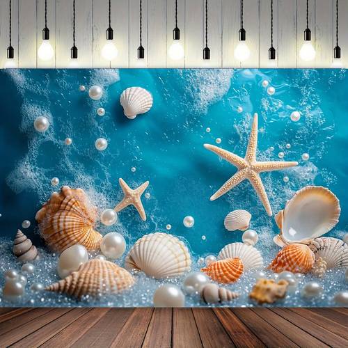 1pc ocean shells pearls decorative banner with seashells and bubbles home parties and photography no power needed polyester material 39x59 51 18x59 70 8x90 5 inch party backdrop durable polyester beach accessories