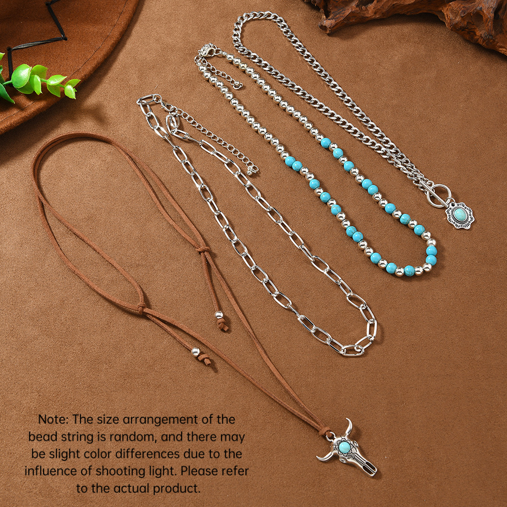 TEMU 4pcs Western Style Necklace Set: Vintage Chain With Turquoise Round Bead And Pendant, Ethnic Style Carved Accessory, Brown Cord, Bohemian Style