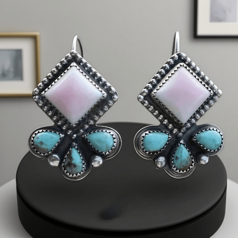 TEMU 1 Pair Of European And American Bohemian Style Inlaid Synthetic Turquoise Square Flower-shaped Ladies' Earrings. Are Elegant, Fashionable,