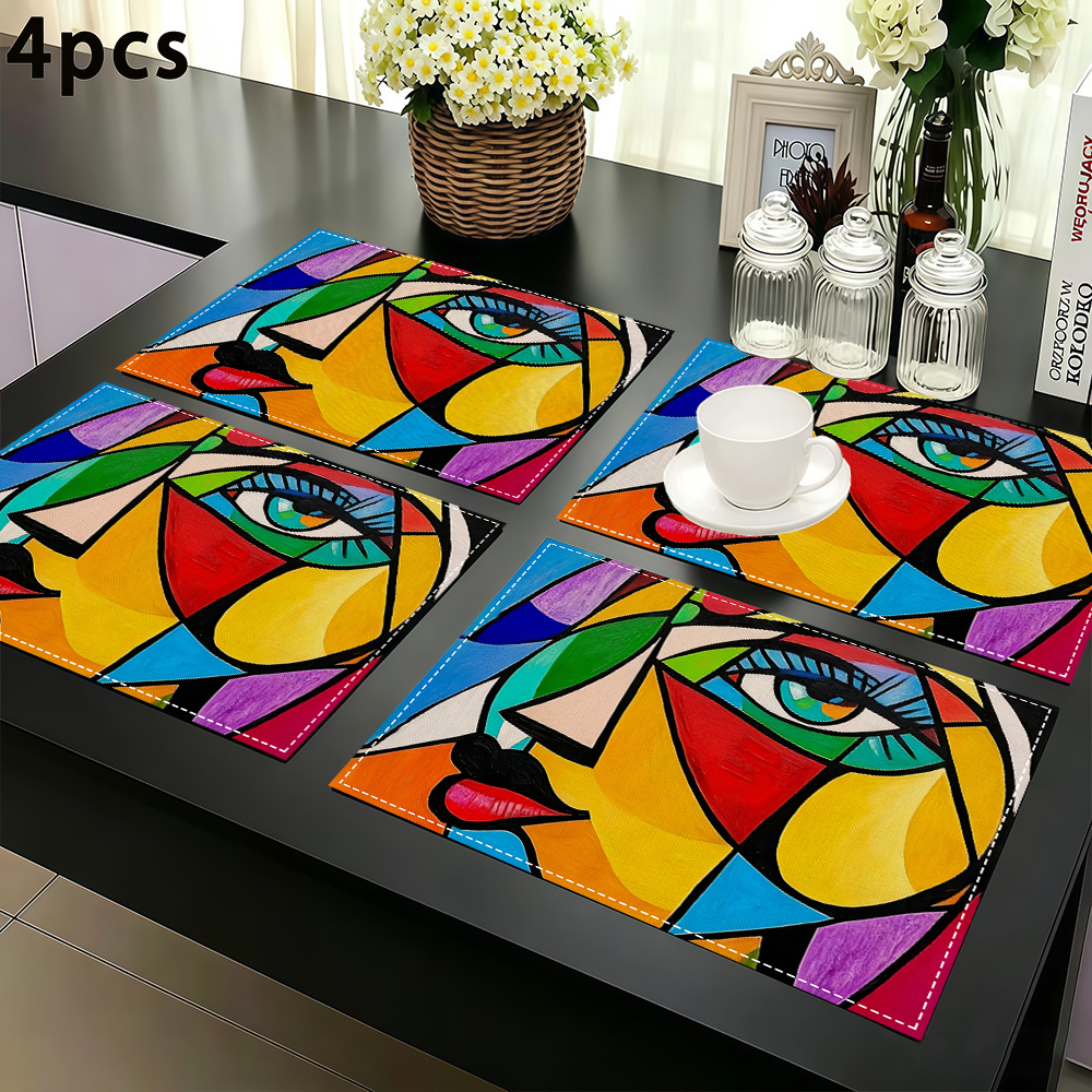TEMU 4pcs Set Of Picasso Cubism Style Abstract Human Face Pattern Placemats - 12x18 Inches Washable Polyester Table Mats, Country Style Indoor Table