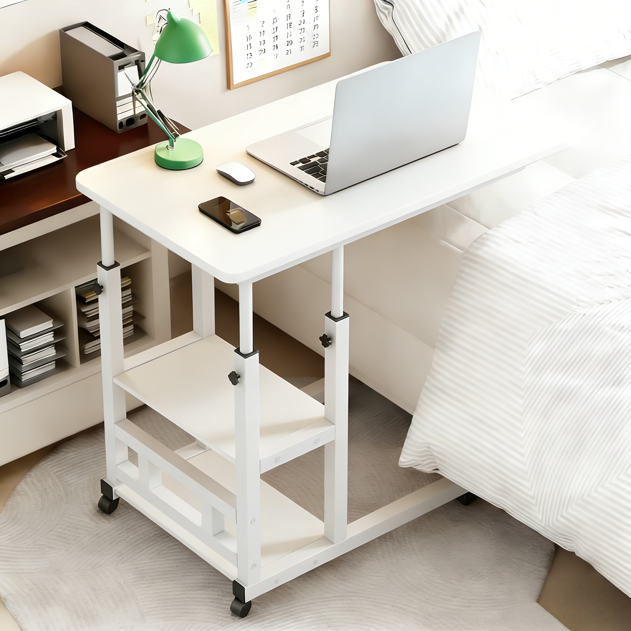 Mobile Nightstand with Wheels, Height Adjustable Bedside Table with Storage Shelf, Rolling Side End Table for Bedroom, Dorm, Living Room, Easy Assembly& Space-Saving Caster Table for Small Spaces.