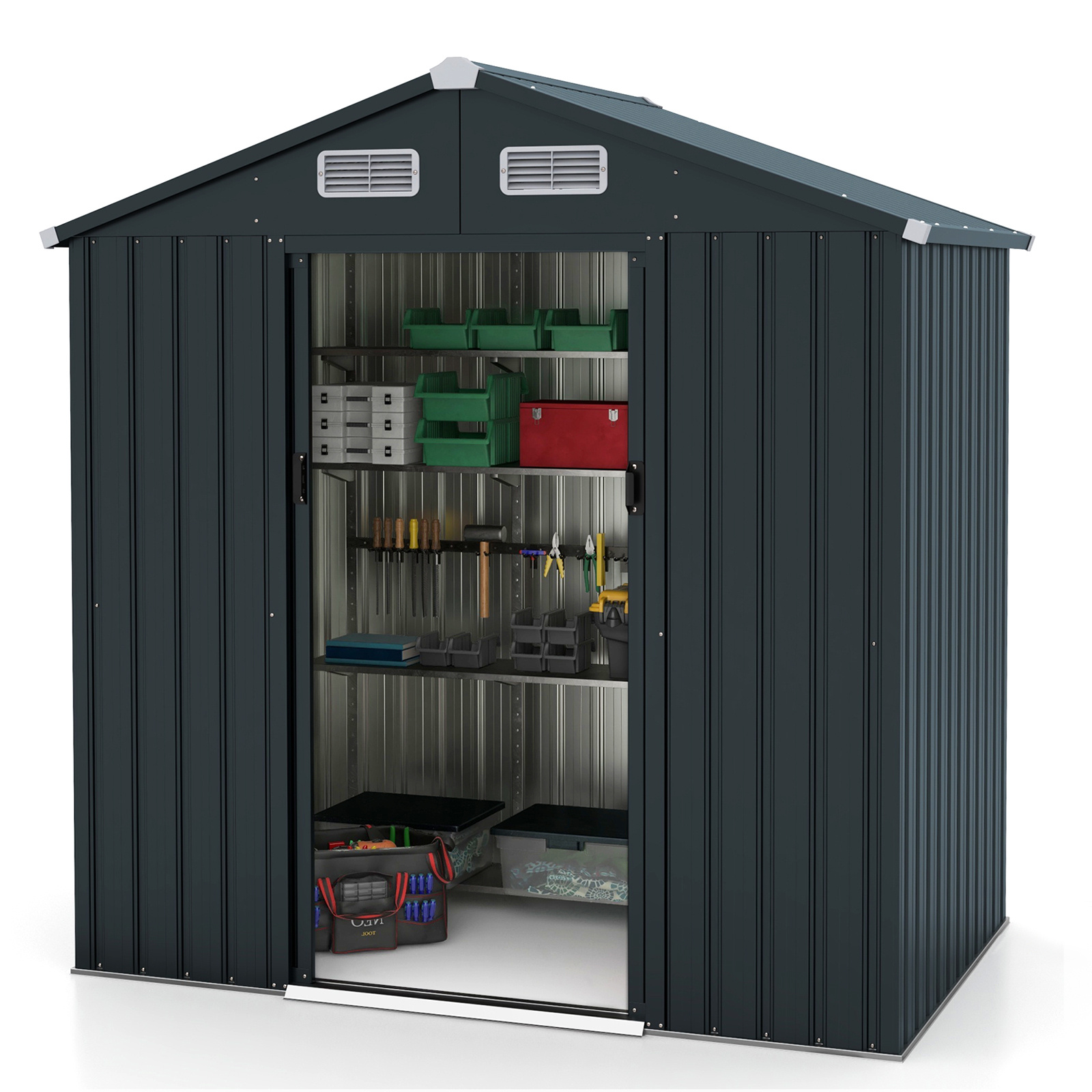 Image of Temporary House Removable All Weather Garden Storage Shed With Top Design Sliding Doors Air Vents Galvanized Metal Frame Large Capacity Shed Organizer Not For Permanent Purposes