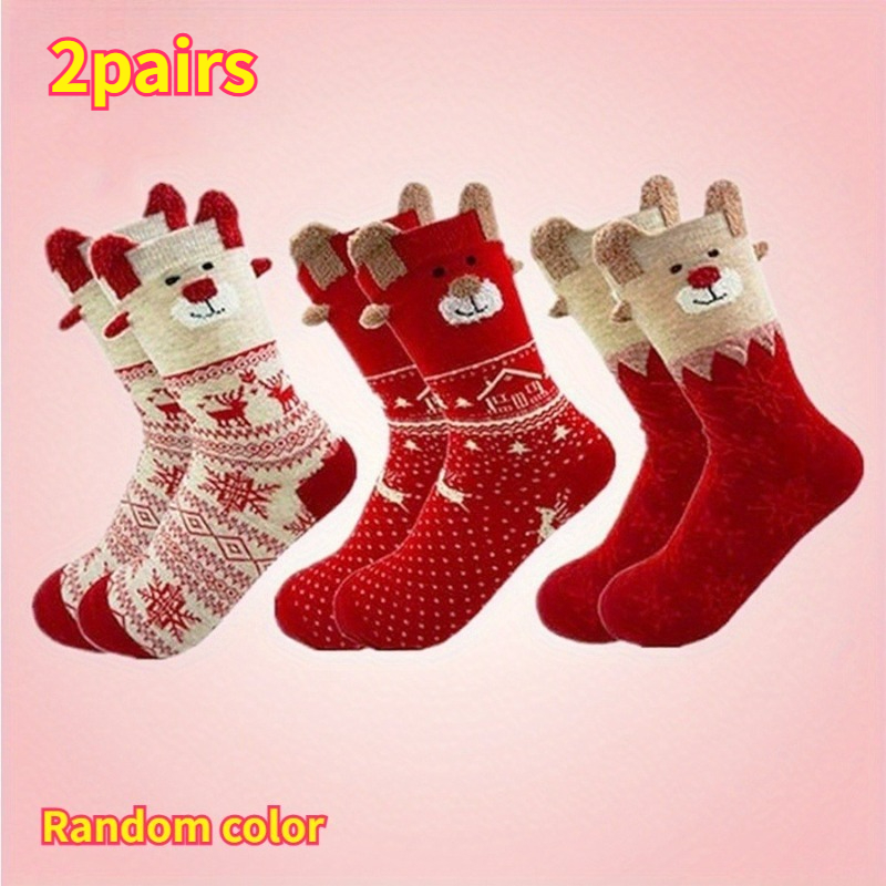 TEMU Women's Christmas Socks, , Autumn Winter Warm Cute 3d Ear Cartoon Christmas Long Socks, Soft Comfortable Fashionable Holiday Gift Socks, Casual
