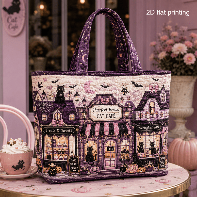 TEMU Borsa Tote Trapuntata Grande da Donna Perfetta per Halloween - Borsa a Retro con Stampa e Pipistrello con Chiusura a Zip, Lavabile in Lavatrice,