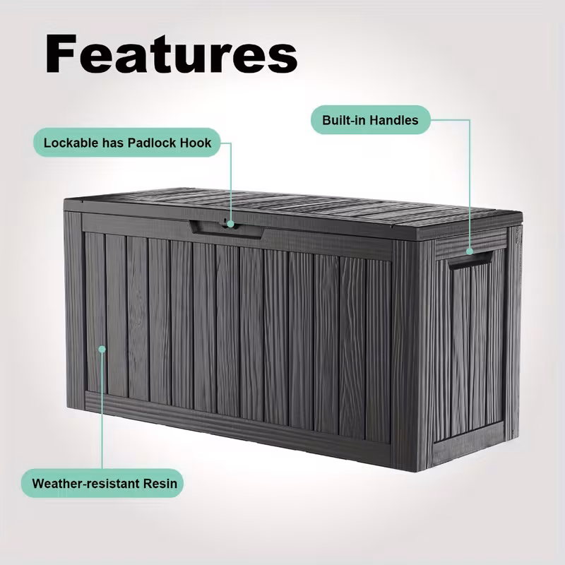82 Gallon Wood Grain Resin Deck Box - Lockable Outdoor Storage Container