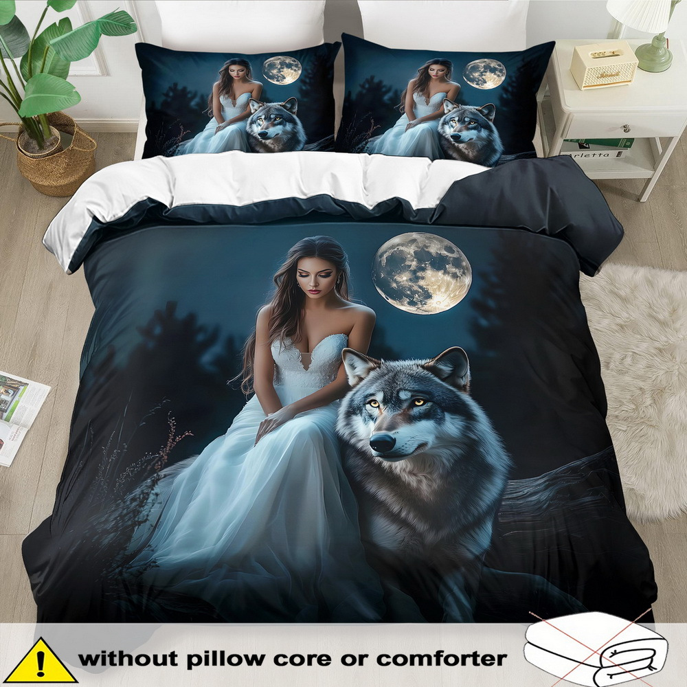 TEMU Kaijit Fantasy Beauty Theme Duvet Cover Set - 2/3pcs, Soft, Comfortable And Breathable, Beauty And Wolf Pattern Printed Bedding Set, Beauty And