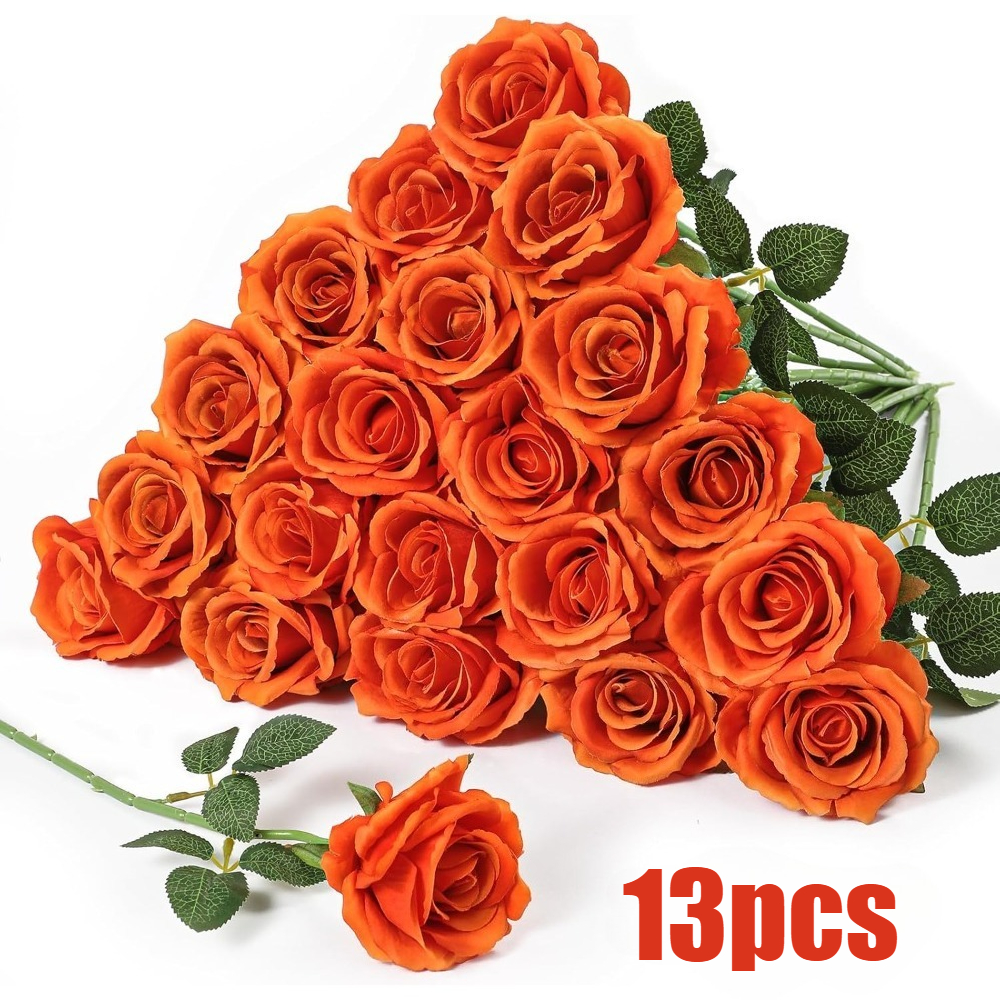 TEMU 13pcs Artificial Burnt Orange Roses, Silk Flower Head Fake Light Orange Rose With Long Stems, Realistic Faux Roses Bouquet For Mother's Day Diy