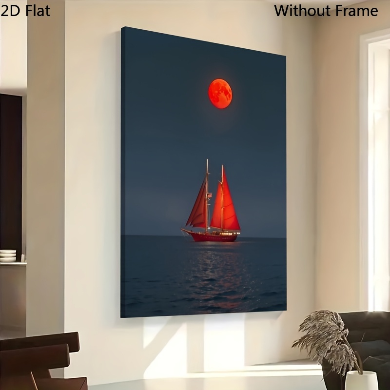 TEMU 2d Flat, Vertical Red Moon Sailboat Wall Art - Modern Minimalist Nautical Canvas Painting Suitable For Living Room, Bedroom, Office Decor - Red