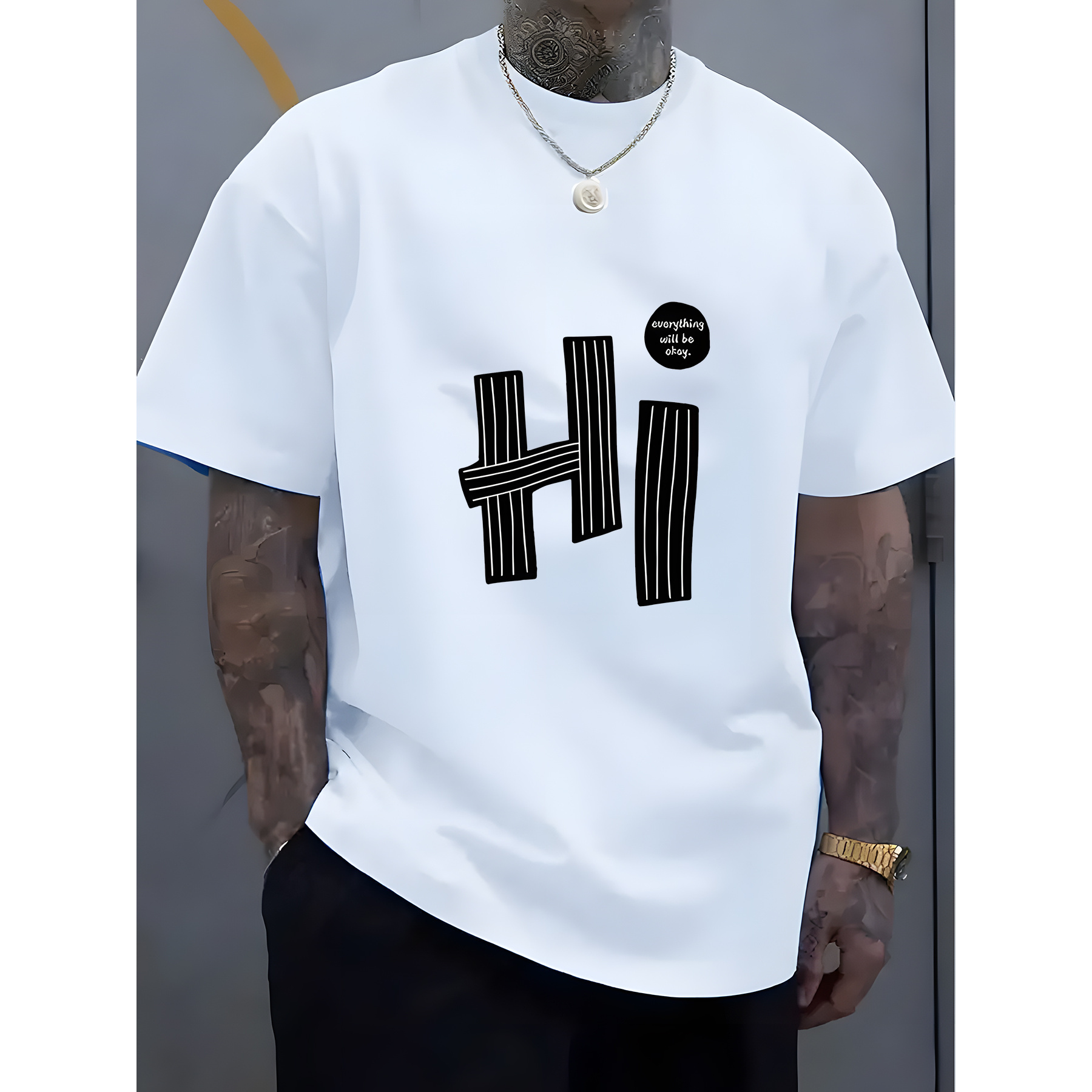 

Men's Casual Crew Neck T-shirt With Unique 'hi' Print - Soft Polyester, Machine Washable - Summer