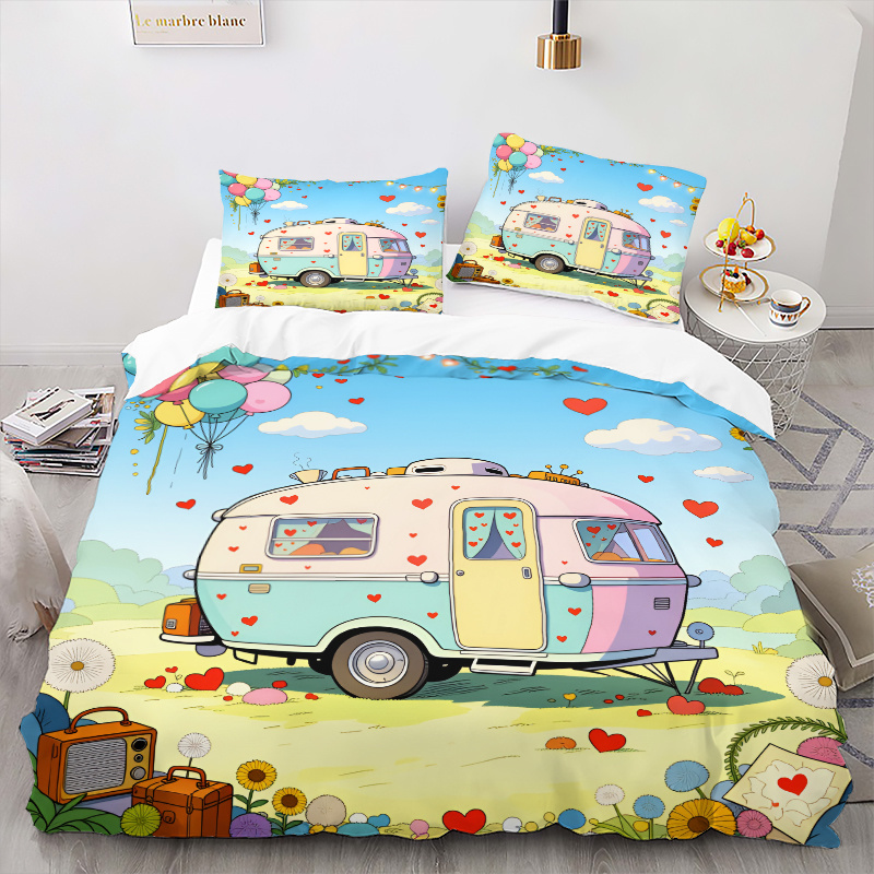 TEMU 3pcs Duvet Cover Set, Suitable For Occasions - Style Bedding, Pink And Blue Floral Balloon Print, Includes Zippered Duvet Cover And Pillowcases,