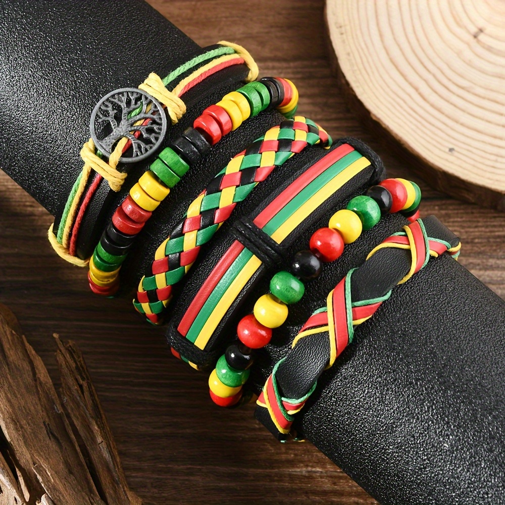 E-shop 6er-Set Mehrschichtige Armbänder im jamaikanischen Stil, handgefertigte Kunstleder-Armbandset