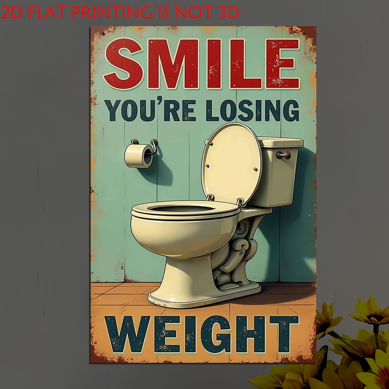 TEMU 2d Flat, Vintage Bathroom Humor 2d Flat Rectangular Wooden Sign: "'re Losing Weight" Slogan, Vintage Distressed Toilet Paper Illustration For